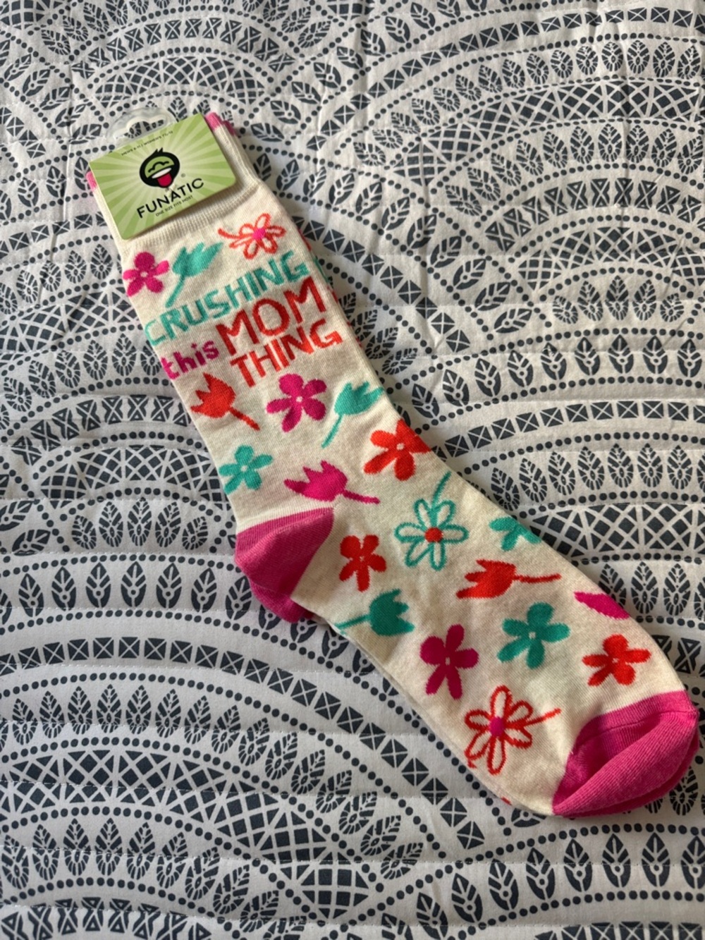 Floral 'Crushing This Mom Thing' Cream Crew Socks - Pink & Teal Accents